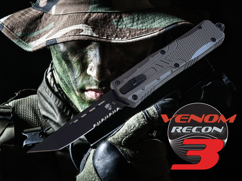 Venom Recon 3 Automatic OTF Knife - Gray (Black Tanto Par Ser 3.25").