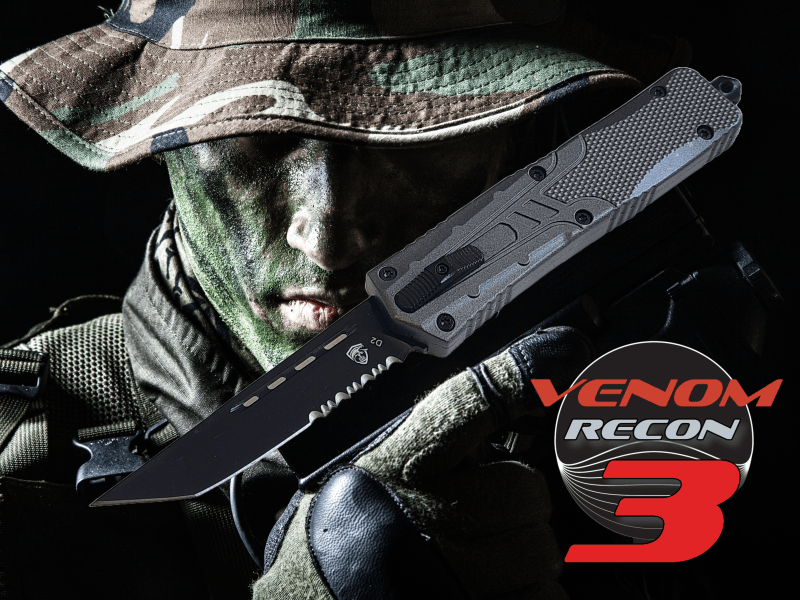 Venom Recon 3 Automatic OTF Knife - Gray (Black Tanto Par Ser 3.25").