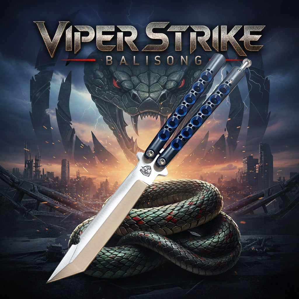 Balisong knife with snake design against a cityscape and dragon background, featuring 'Viper Strike' branding.