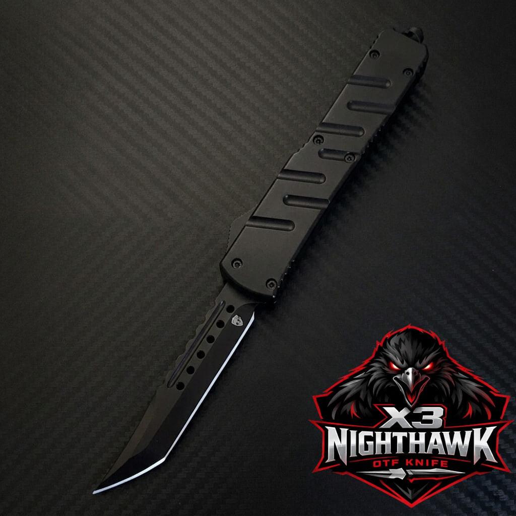 Black folding knife on a dark textured background with X3 Nighthawk logo.