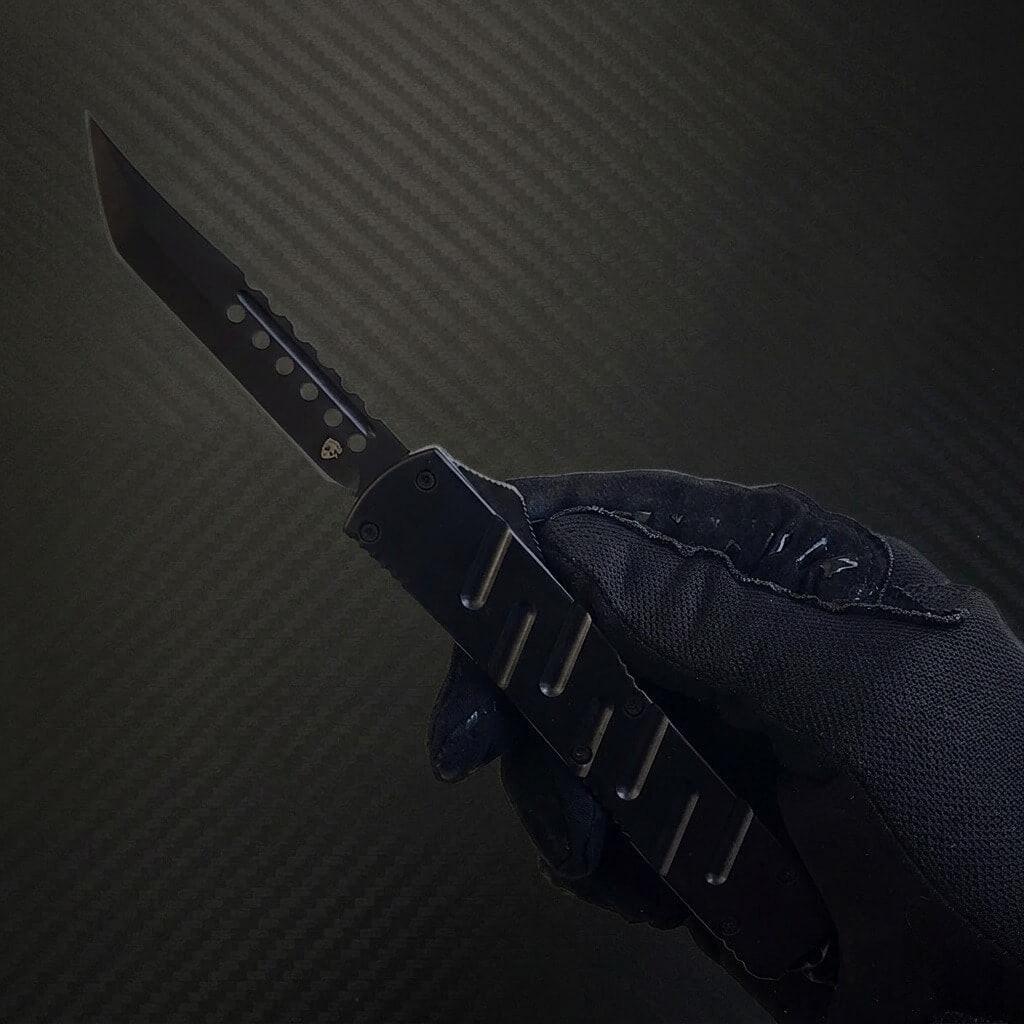 Venom X3 Nighthawk D/A Auto OTF Knife in Black Spartan finish, luxury tactical blade with sleek design
