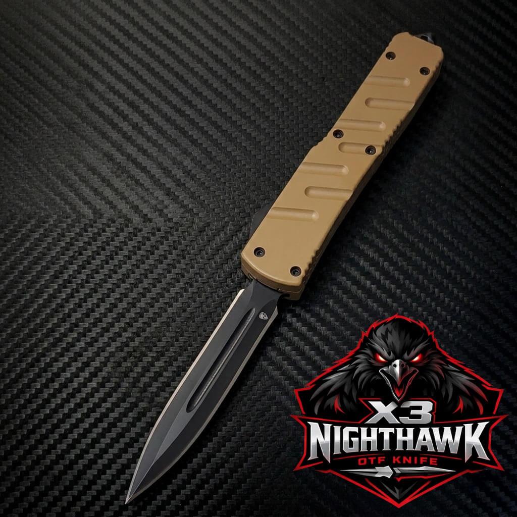 Venom X3 Nighthawk D/A Auto OTF Knife in Tan and Black DE, luxury tactical blade with premium craftsmanship