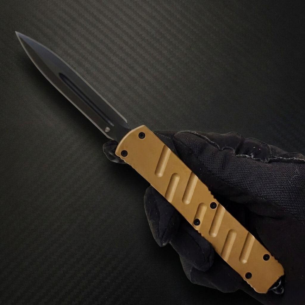 Venom X3 Nighthawk D/A Auto OTF Knife in Tan and Black DE, luxury tactical blade with premium craftsmanship