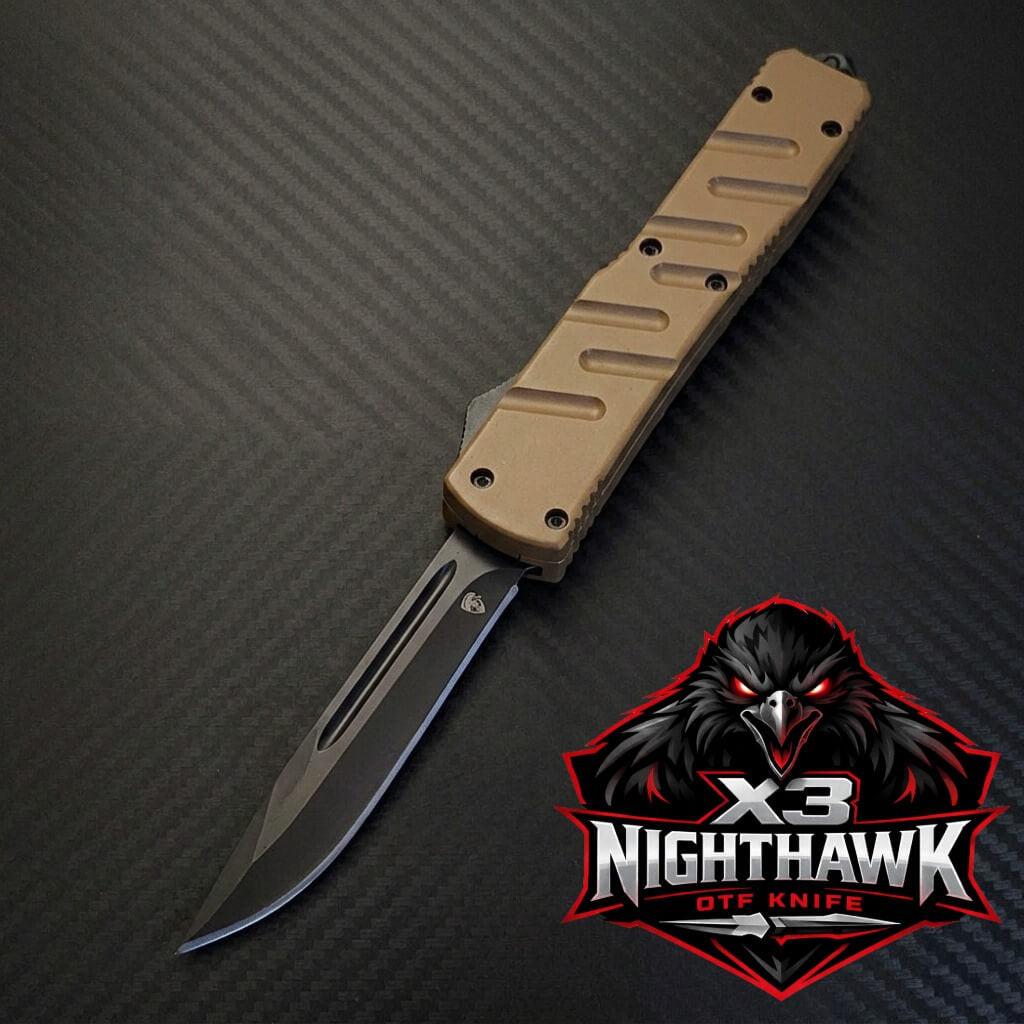 Venom X3 Nighthawk D/A Auto OTF Knife in elegant tan and black, showcasing sleek design and superior durability