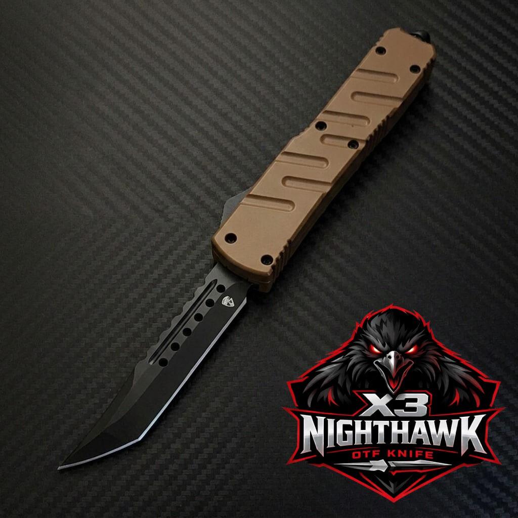 Venom X3 Nighthawk D/A Auto OTF Knife in Tan, featuring Black Spartan design – premium tactical luxury blade.