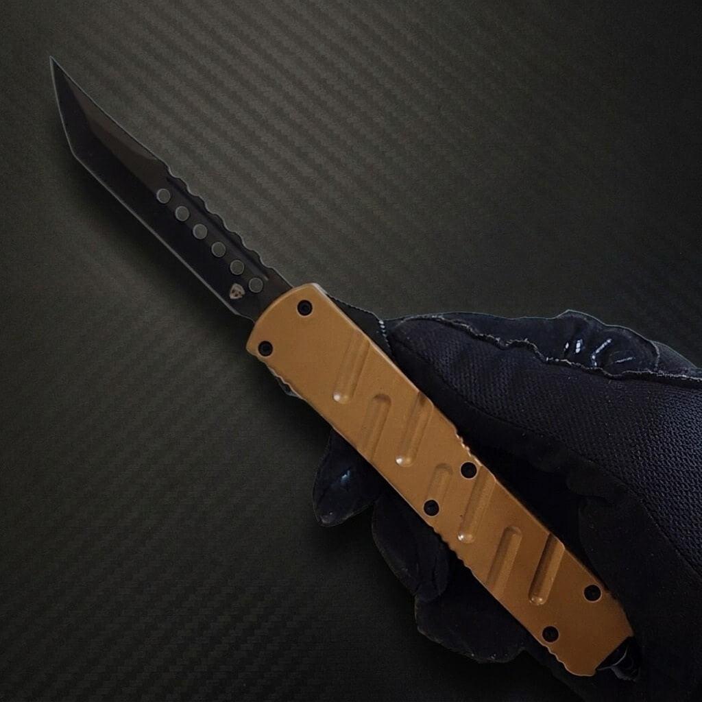 Venom X3 Nighthawk D/A Auto OTF Knife in Tan, featuring Black Spartan design – premium tactical luxury blade.