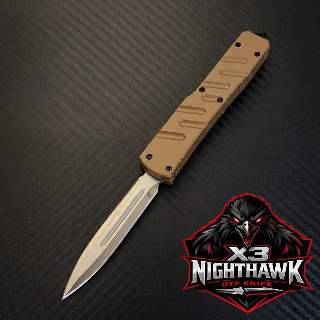 Venom X3 Nighthawk D/A Auto OTF Knife in Tan Satin DE finish, luxury tactical knife with sleek Venom and Nighthawk design