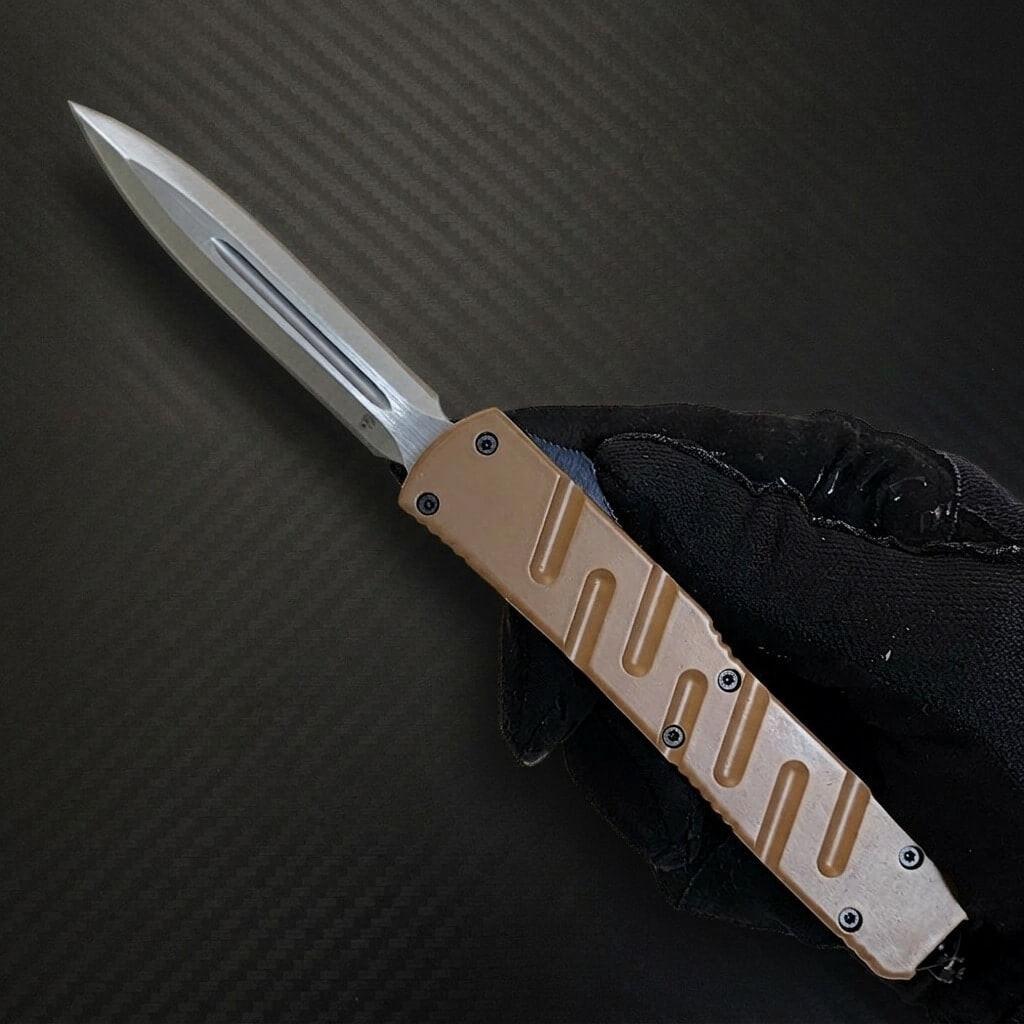 Venom X3 Nighthawk D/A Auto OTF Knife in Tan Satin DE finish, luxury tactical knife with sleek Venom and Nighthawk design