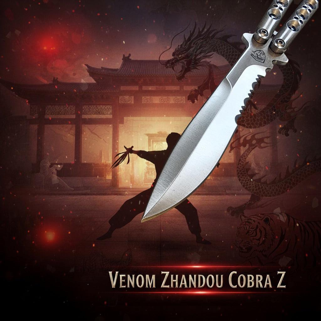 Butterfly knife with dragon design against a dark, mystical background