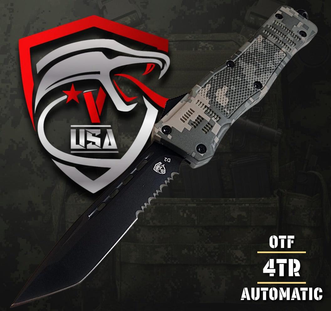 Venom 4TR ELITE Tactical OTF knife in ACU camo with black tanto blade, precision craftsmanship and durable design.