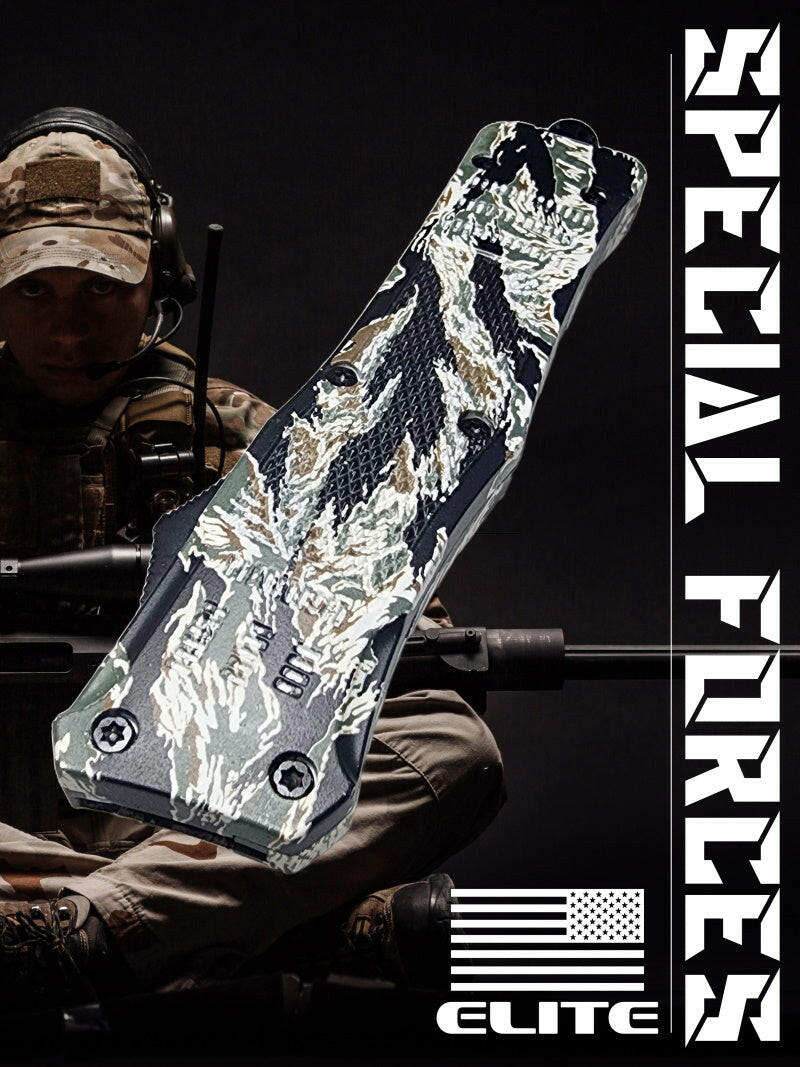 Venom 4TR ELITE Tactical OTF Knife - Tiger Camo (Black Double Edge 3.4").