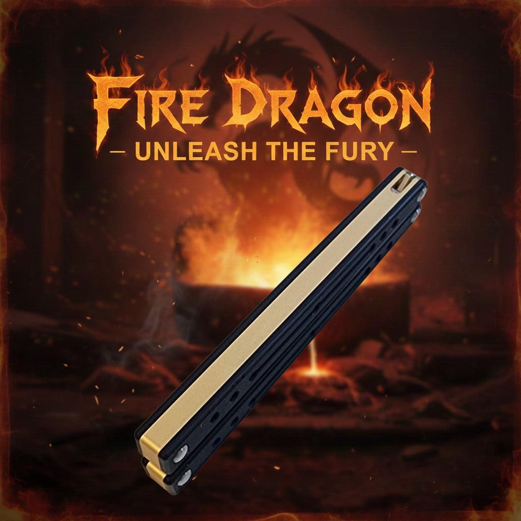 Venom Fire Dragon Balisong featuring G10 Black/Gold handles and Satin Tanto 4.0 blade, perfect for collectors