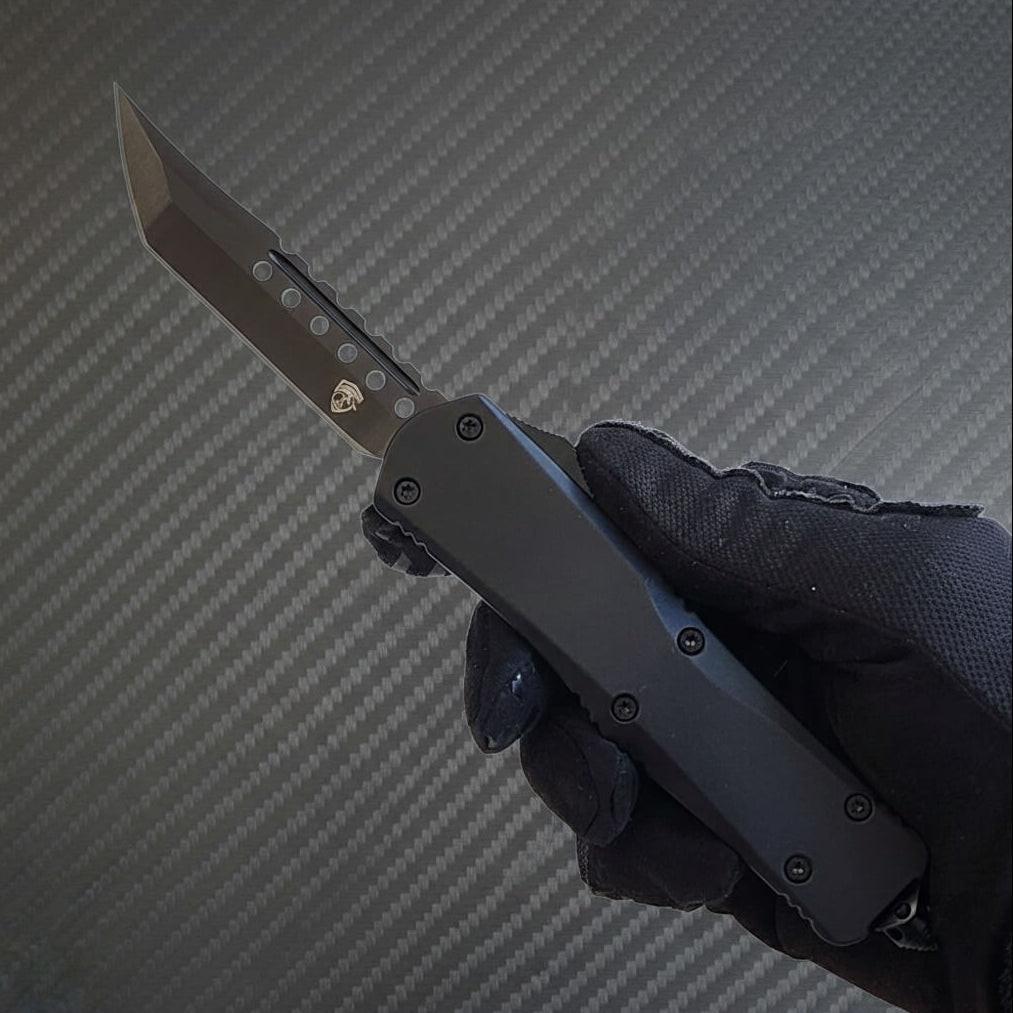 Venom S1 Delta D/A Automatic OTF Knife, sleek black Spartan design, luxury tactical precision knife