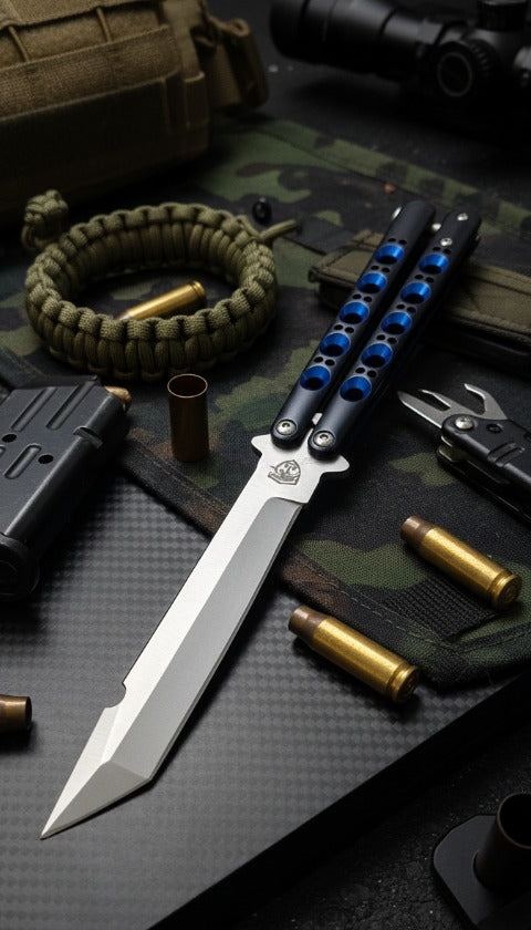 Venom Viper Strike Balisong butterfly knife in sleek black satin tanto finish, durable and stylish folding blade