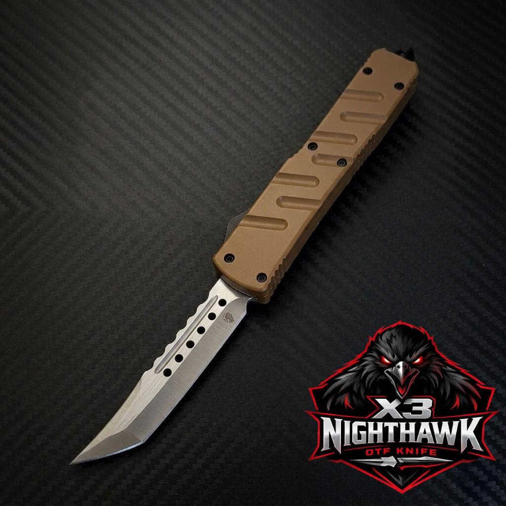 OTF knife with brown handle and silver blade on a dark textured background, featuring X3 Nighthawk logo.