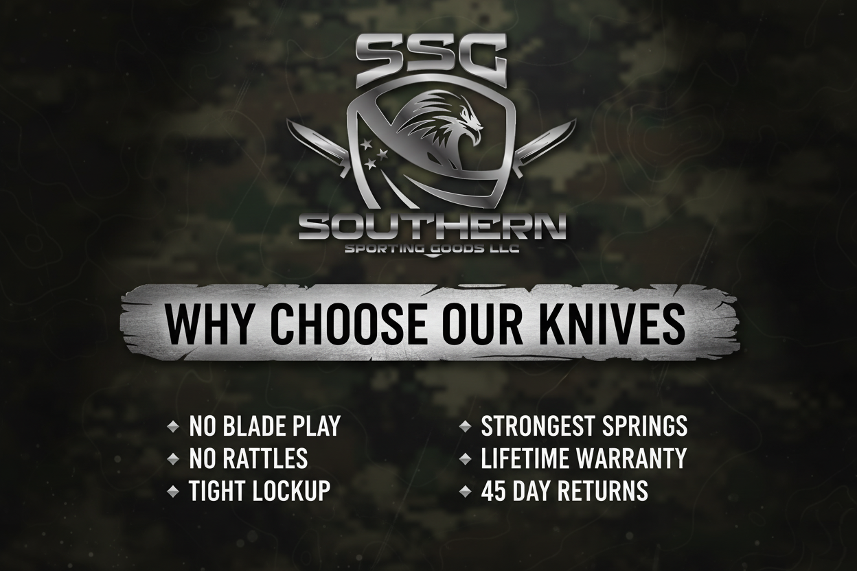 Promotional graphic for Southern Sporting Goods knives with brand logo and feature list on a dark background.
