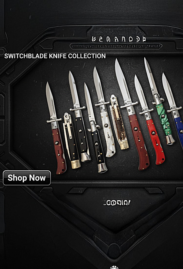 Collection of switchblade knives with various colored handles on a black background, featuring the brand 'CooBoi'.