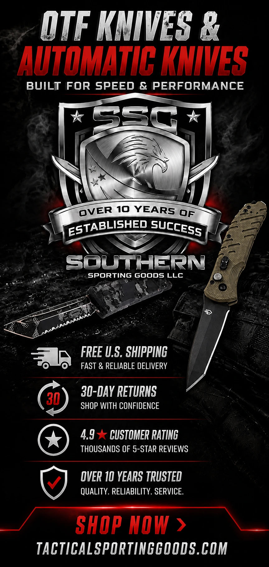 Automatic knives for sale from Southern Sporting Goods featuring OTF and folding automatic knives
