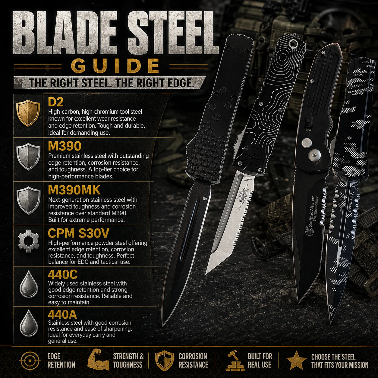 Blade Steel Guide comparing D2, M390, M390MK, CPM S30V, 440C, and 440A knife steels for edge retention, toughness, corrosion resistance, and everyday carry performance.