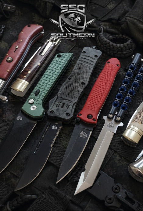 Collection of Automatic switchblade knives for sale including Out the Front OTF knives Italian switchblades knives and balisong knives with the Southern Sporting Goods LLC logo at the top of image