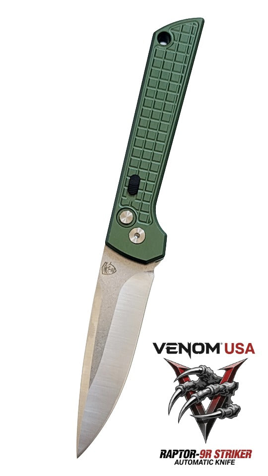 Raptor-9R Striker automatic knife with 3.5 satin DP blade in olive drab, durable and tactical design