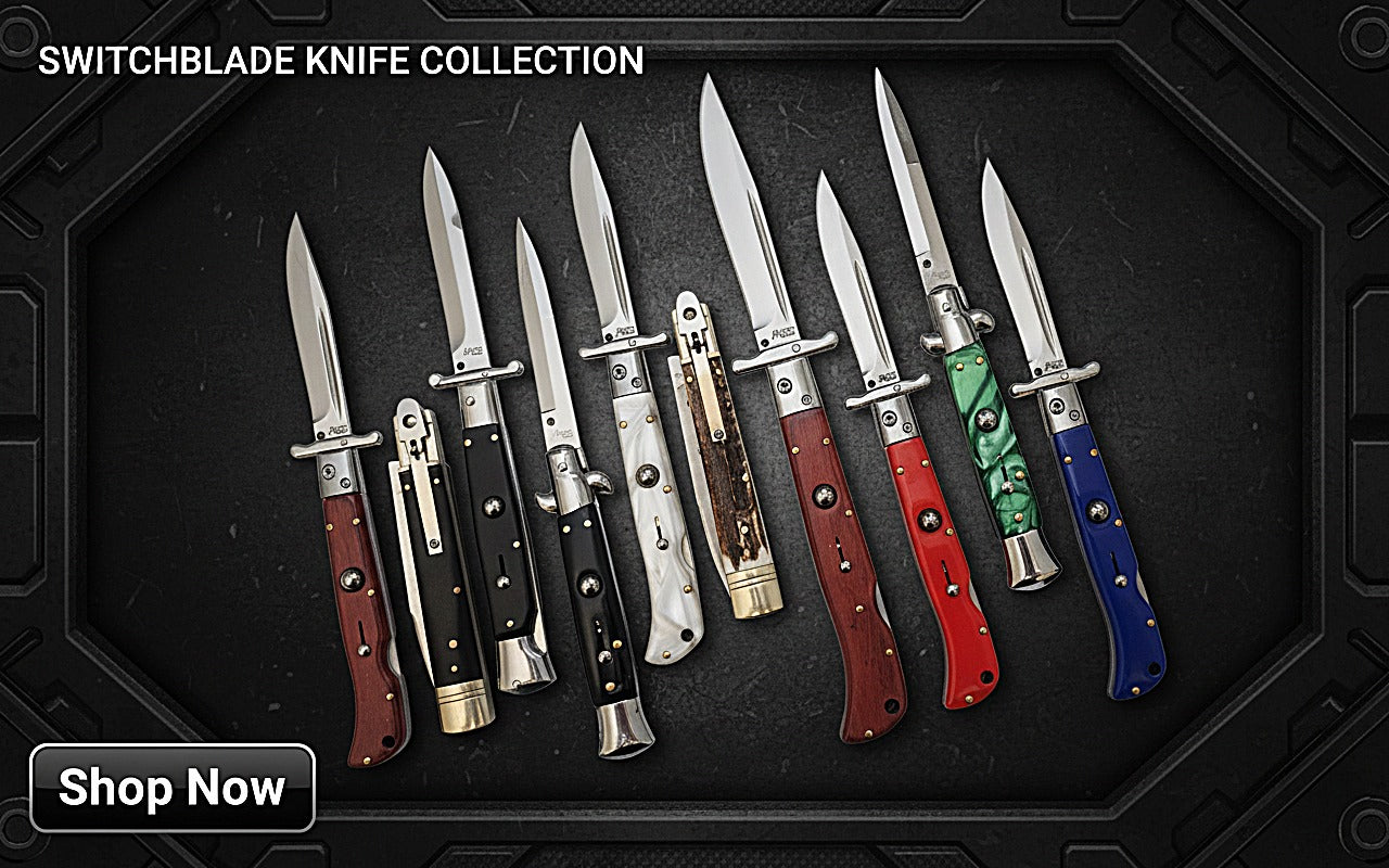 Collection of switchblade knives with various handles on a black background