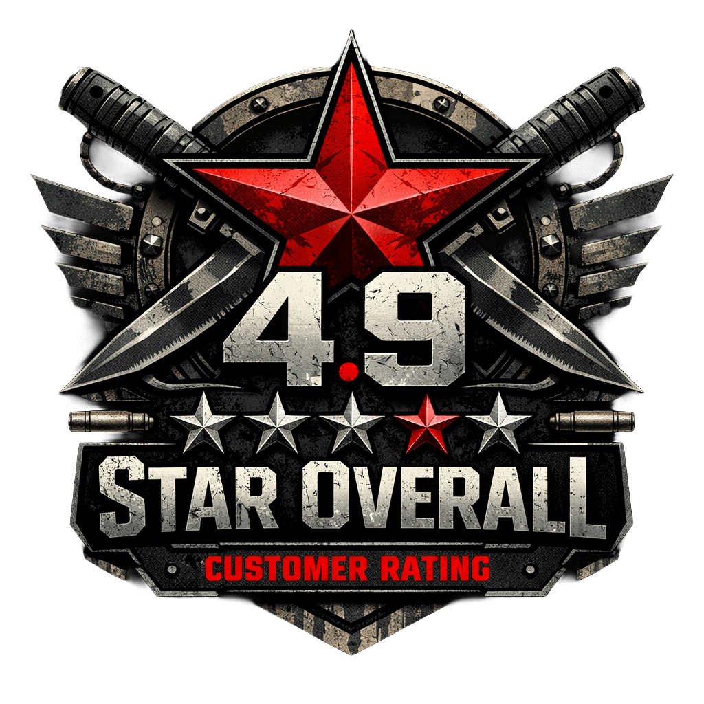 Logo with a red star, crossed knives, and text indicating a customer rating of 4.9 stars overall on a black background.