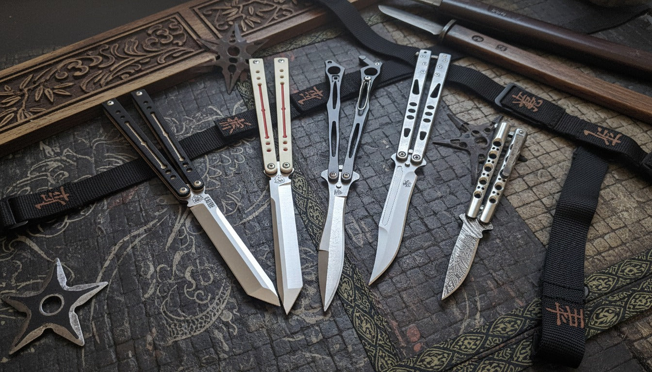 Set of balisong knives on a textured surface with decorative elements