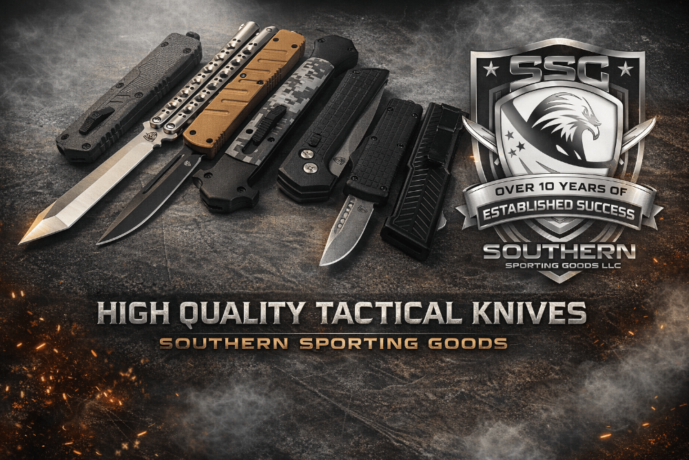Collection of tactical automatic knives with Southern Sporting Goods logo on a dark background