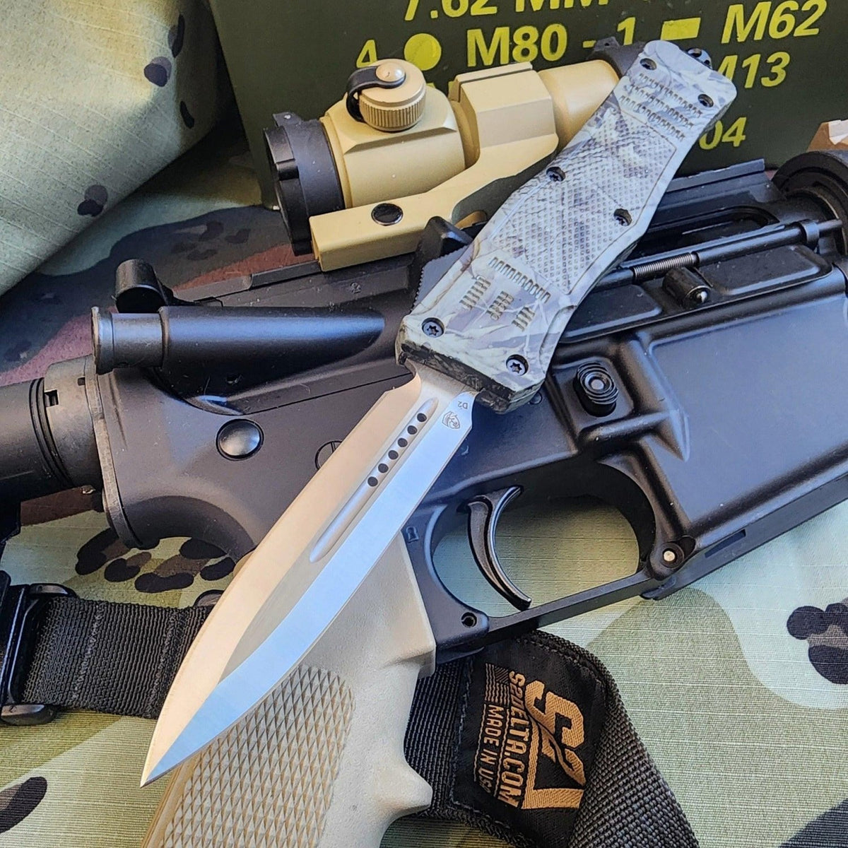 Venom 4-TR Gen 5 OTF Knife in Woodland finish with satin DE blade, premium venom-inspired tactical design