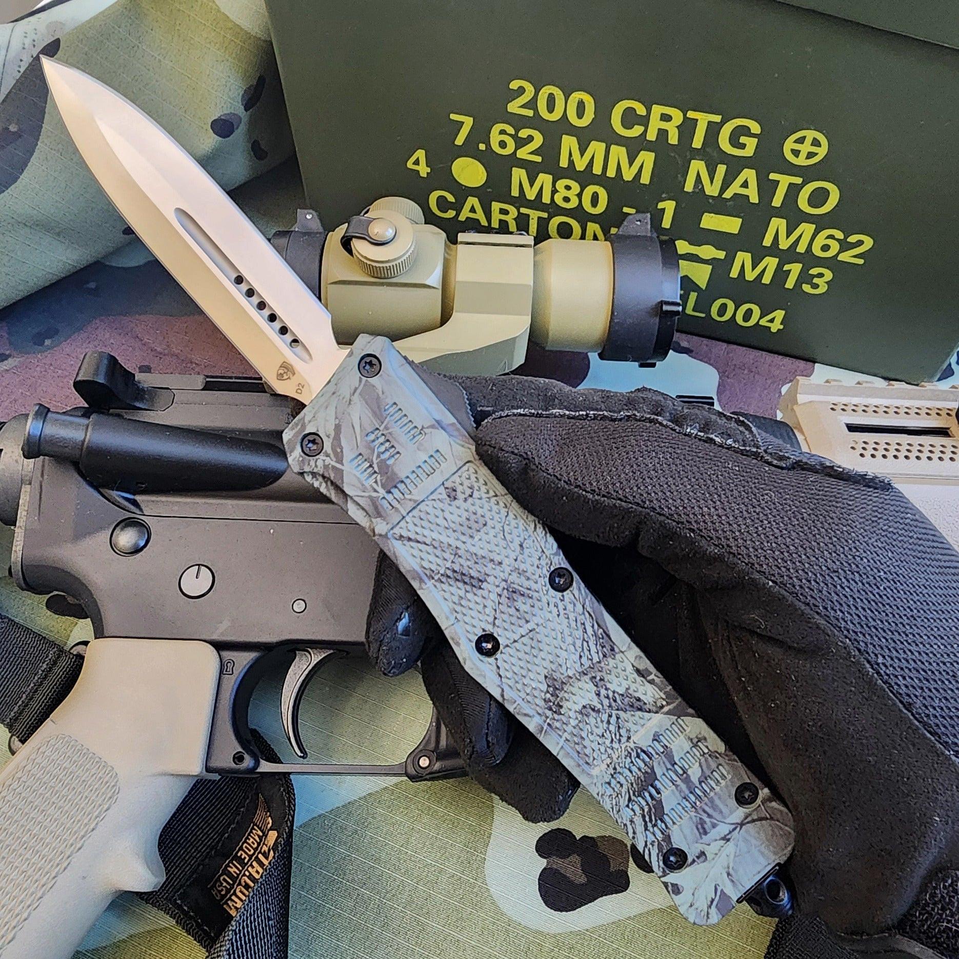 Venom 4-TR Gen 5 OTF Knife in Woodland finish with satin DE blade, premium venom-inspired tactical design