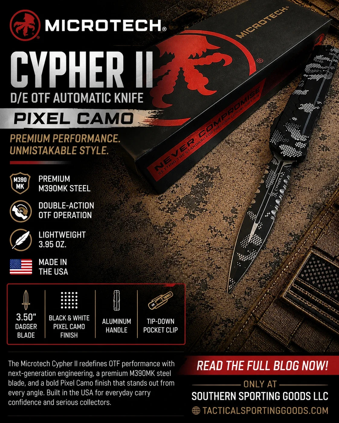 Microtech Cypher II Pixel Camo Premium American-Made OTF Performance
