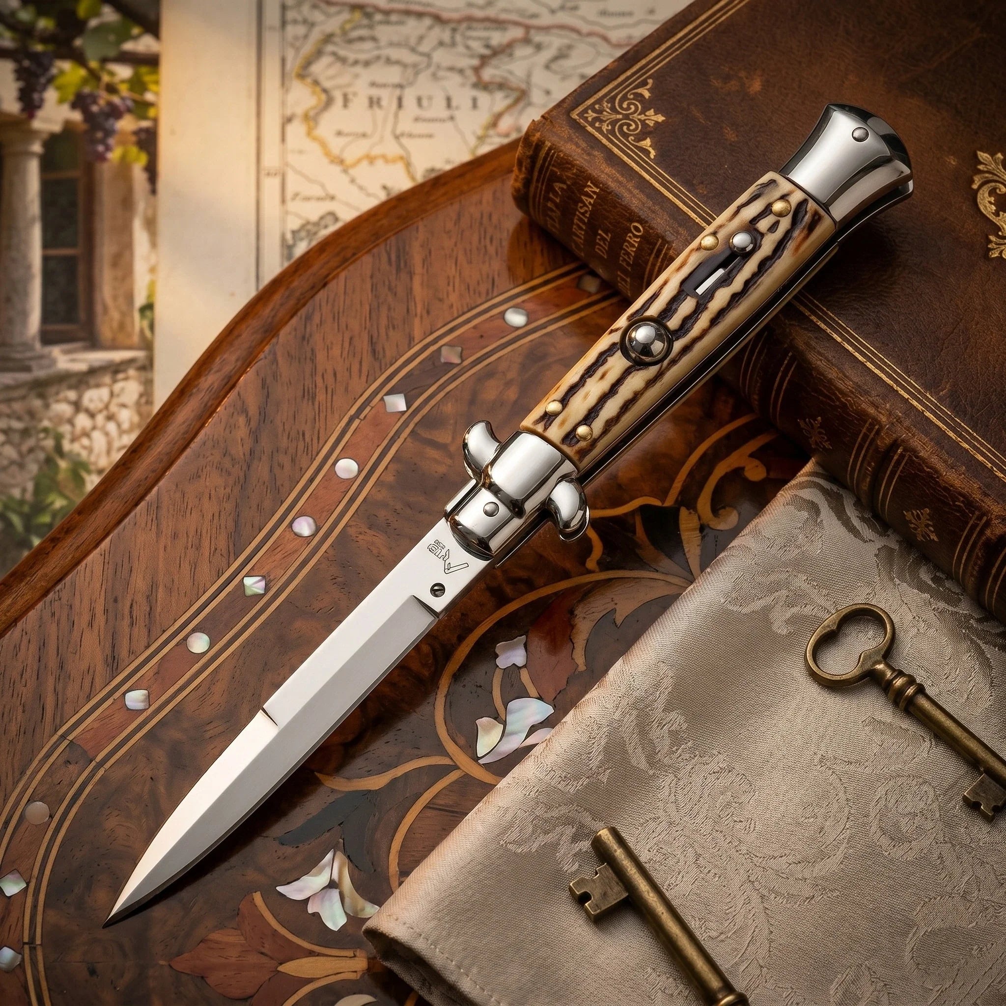 Classic Italaian Switchblade with Simulated Stag Handle and Polished Bayonet Blade