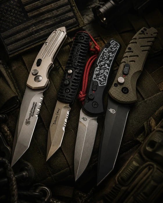 Four Folding Automatic knives on a Tactical Background