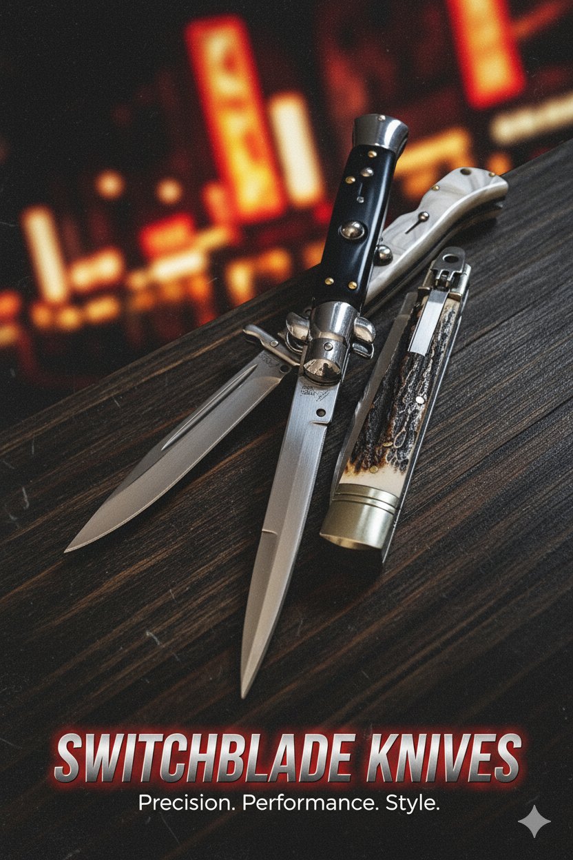 A group of different style switchblade knives