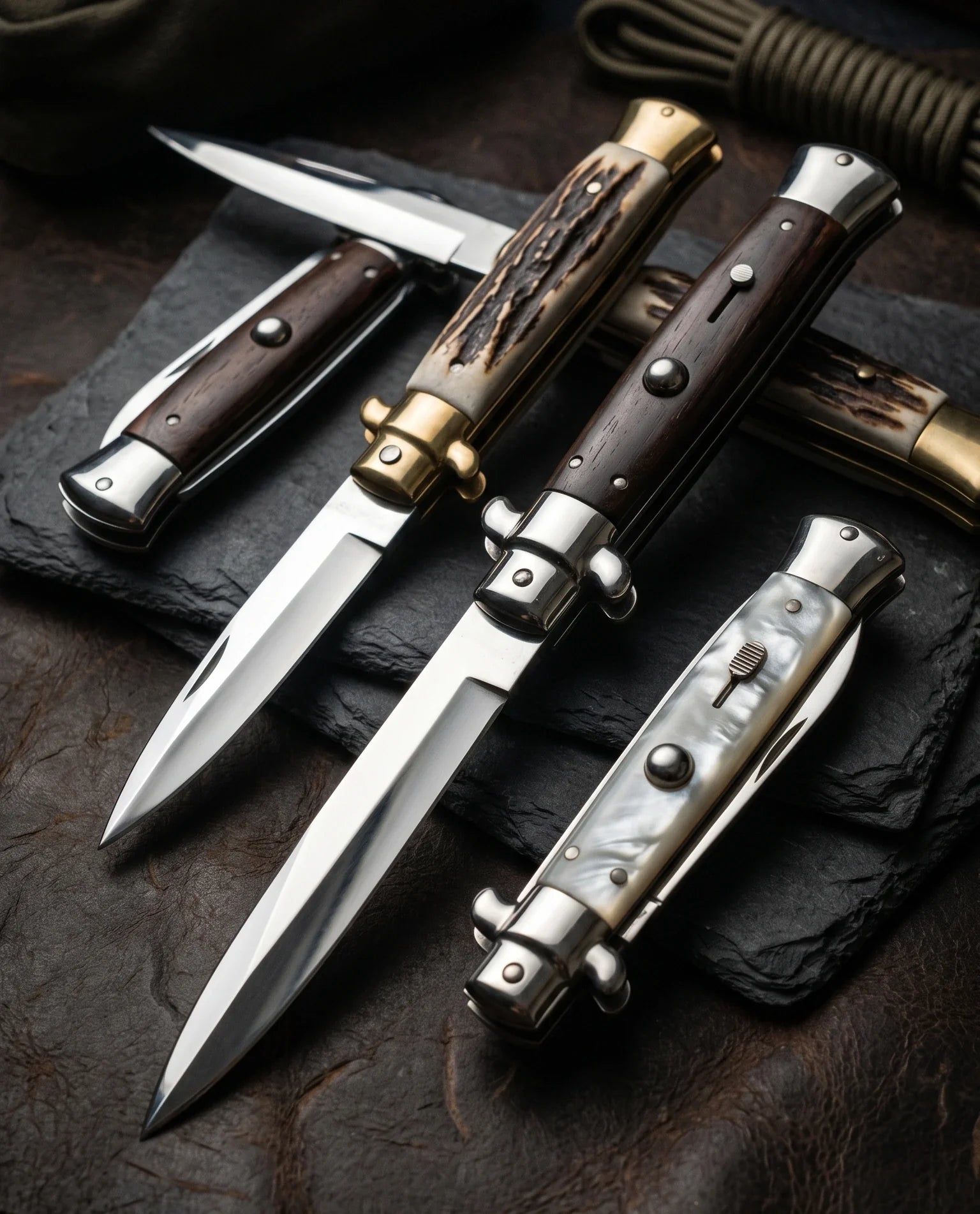 Collection of Italian Switchblade Knives with Various handle types on a darker background