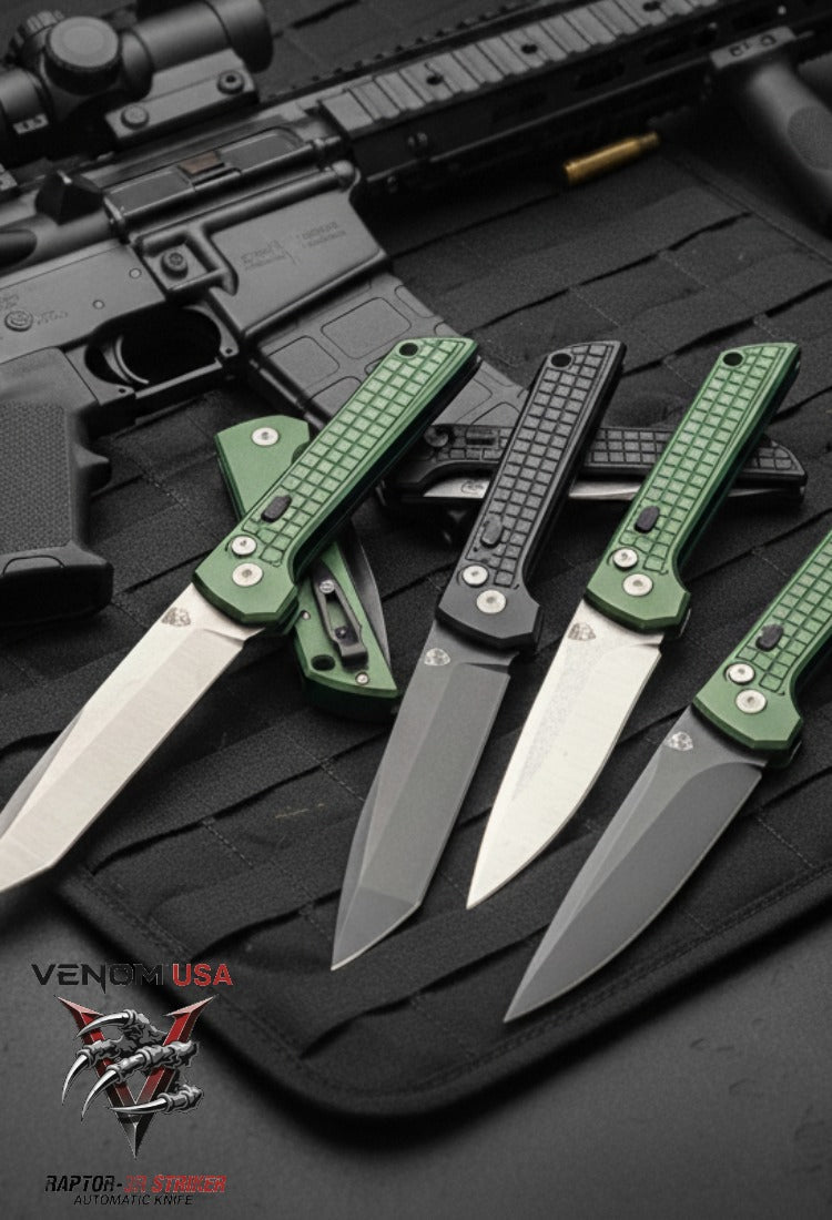 A group of tactical automatic knives on black mat background with AR15 assault rifle in the rear