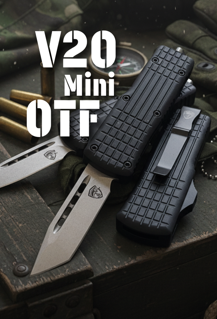 Compact OTF Knife with Black Handle and Sating Tanto Blade