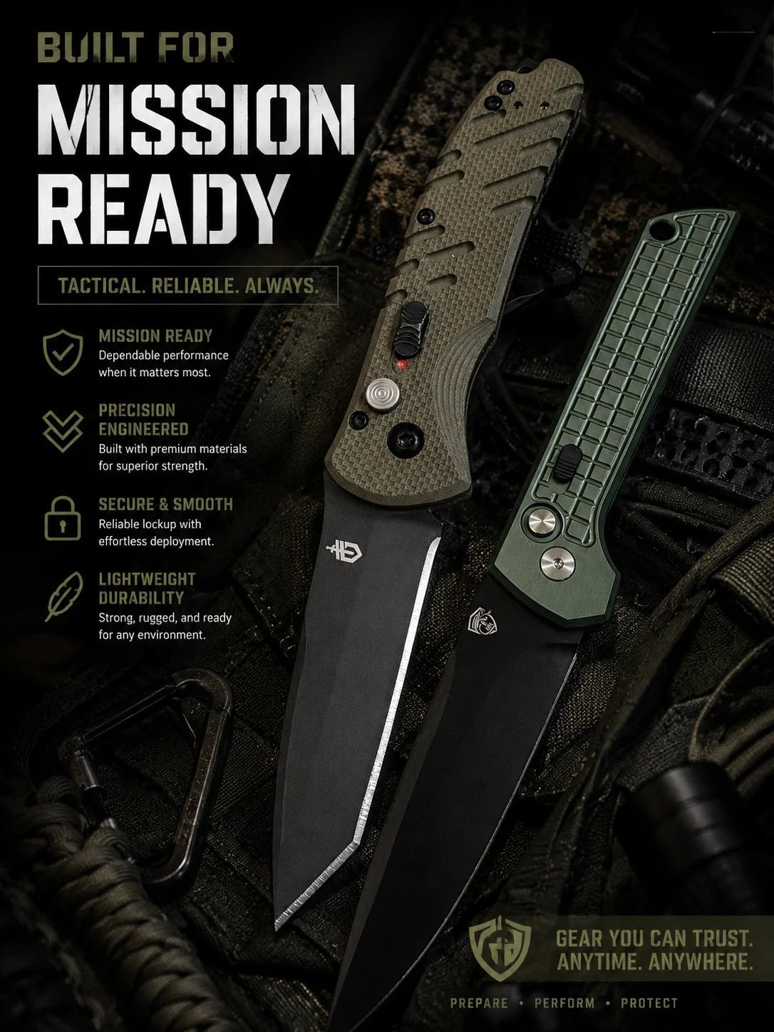Folding automatic knives for sale featuring tactical EDC automatic pocket knives with black coated blades and rugged textured handles in a military-inspired promotional display.