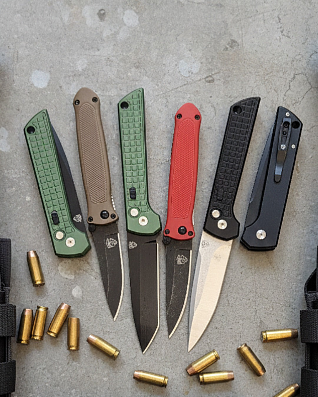 Collection of folding automatic knives for sale with push-button deployment, durable metal handles, and sharp steel blades in multiple colors