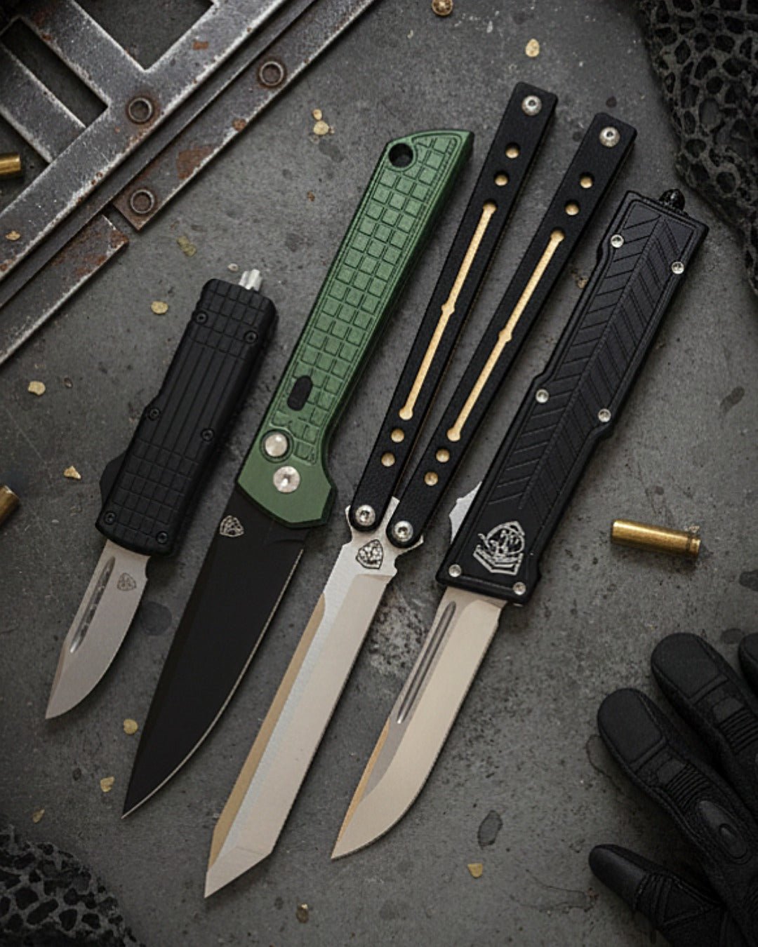 New arrivals of OTF knives, automatic knives, switchblade knives, balisong knives, and tactical knives displayed on a rugged surface, featuring modern designs, sharp blades, and durable handl
