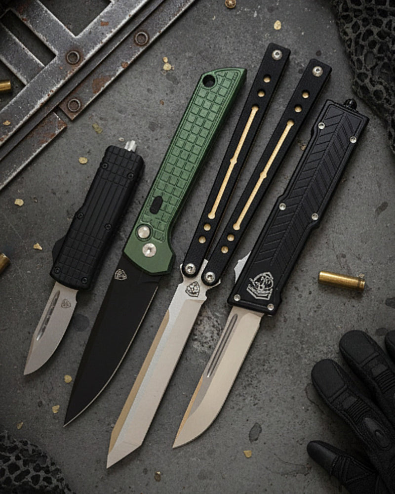 New arrivals of OTF knives, automatic knives, switchblade knives, balisong knives, and tactical knives displayed on a rugged surface, featuring modern designs, sharp blades, and durable handles.