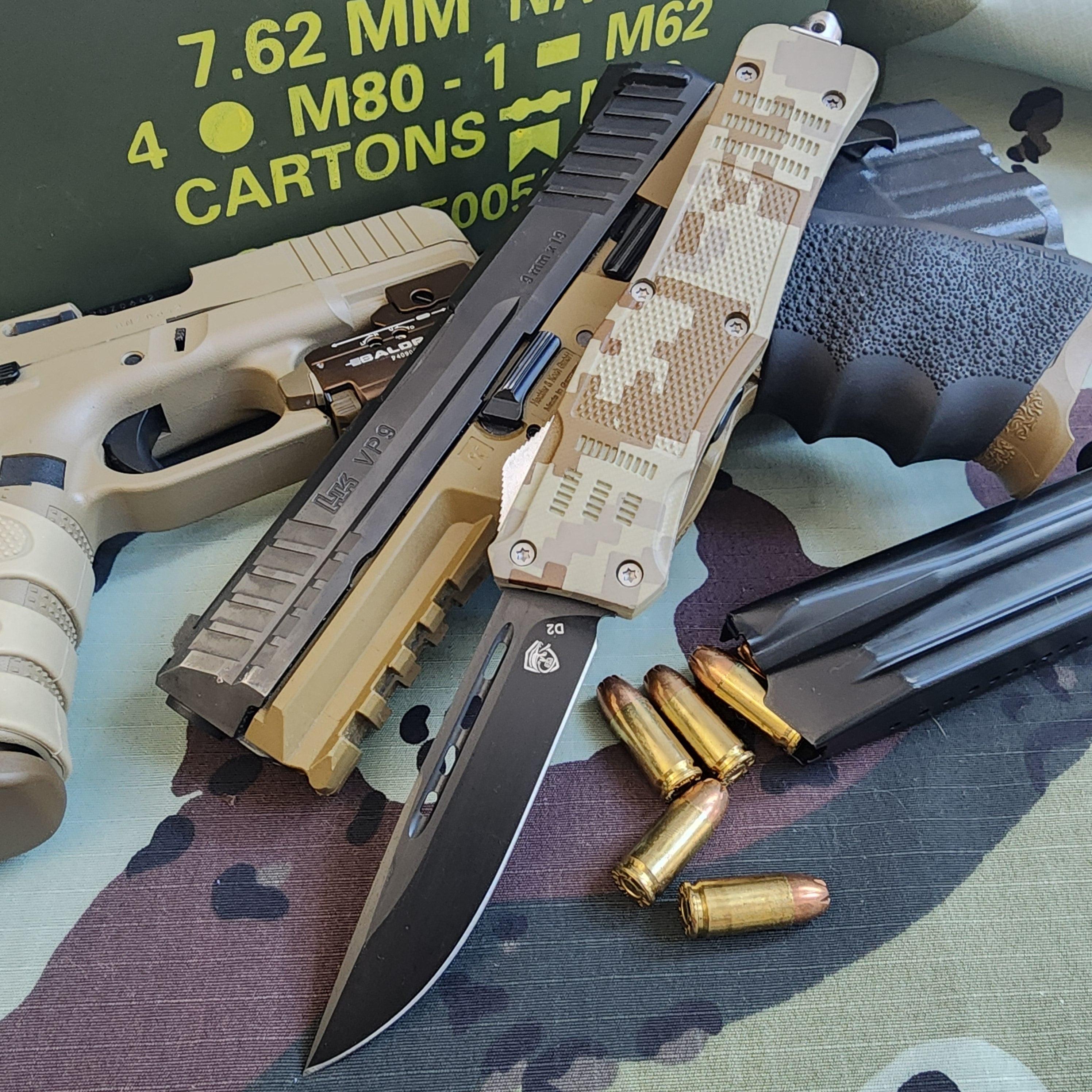 OTF Knife and ammunition on a camouflage surface