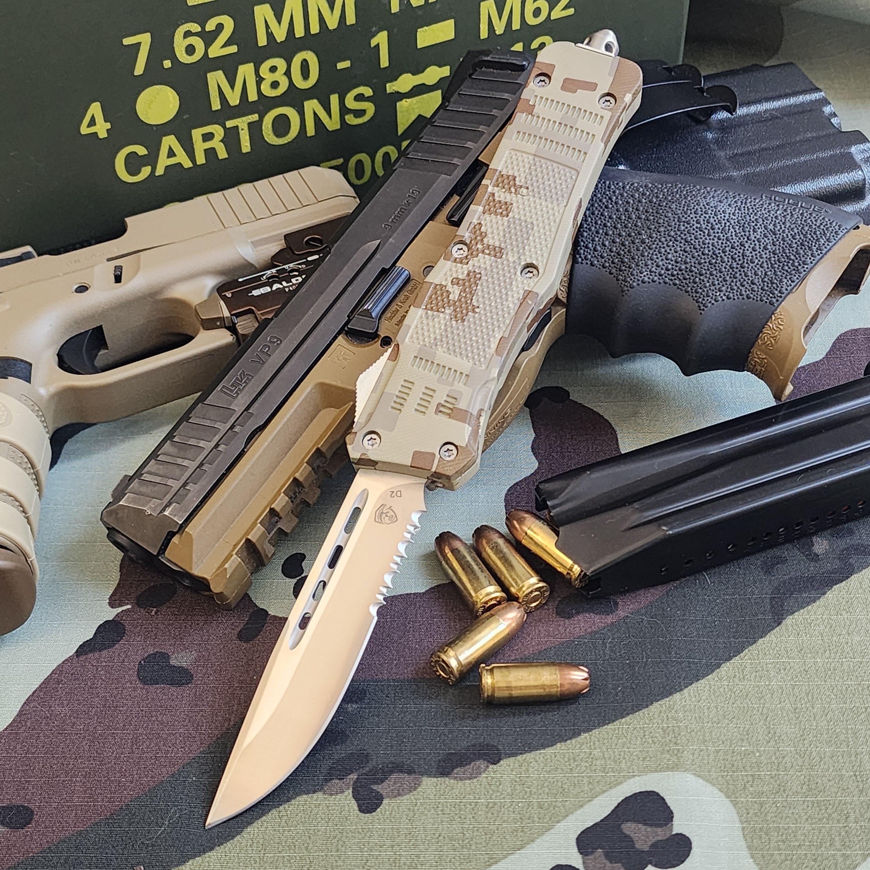 Camouflage-patterned surface with a knife, gun, and ammunition.