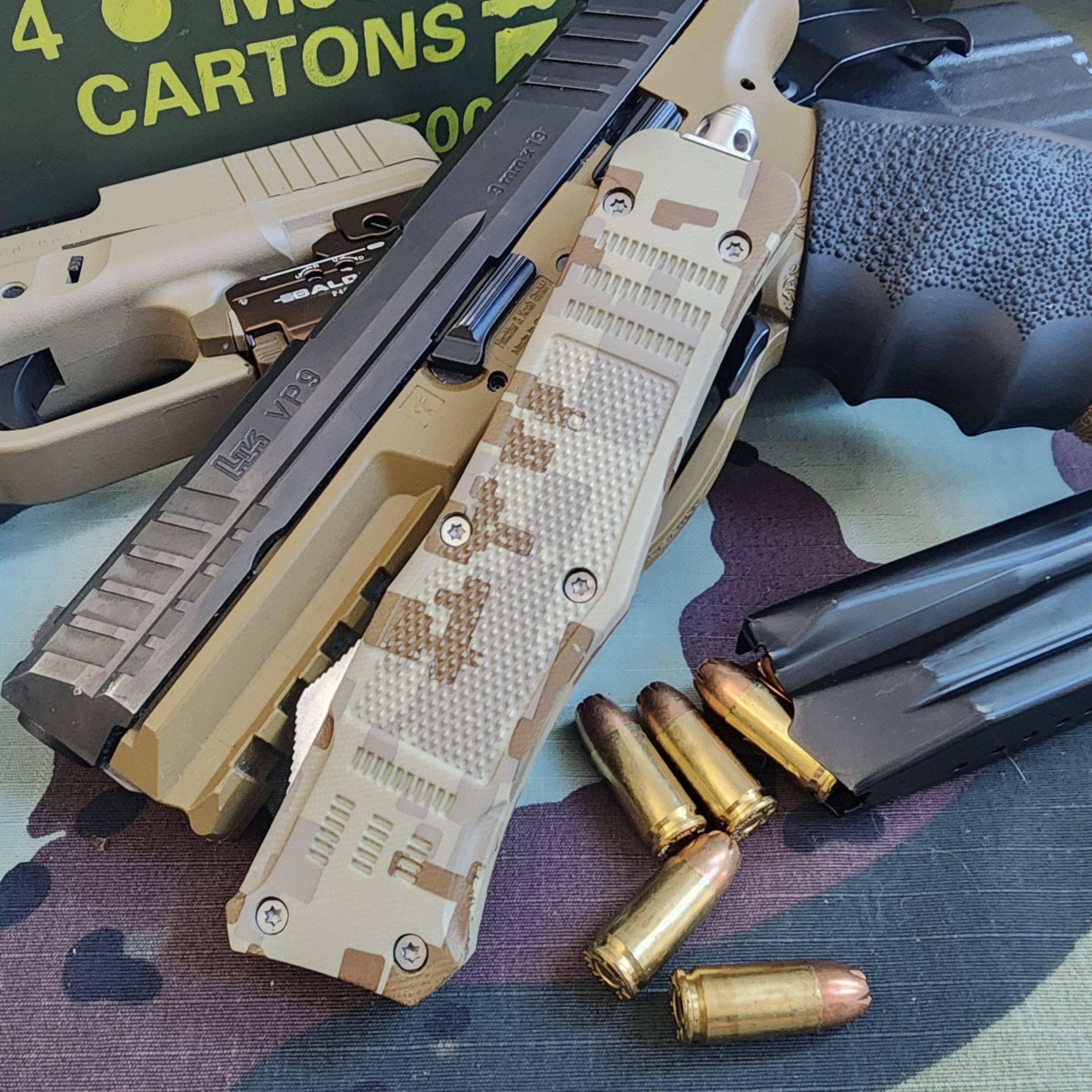 Camouflage knife with bullets on a camouflage-patterned surface