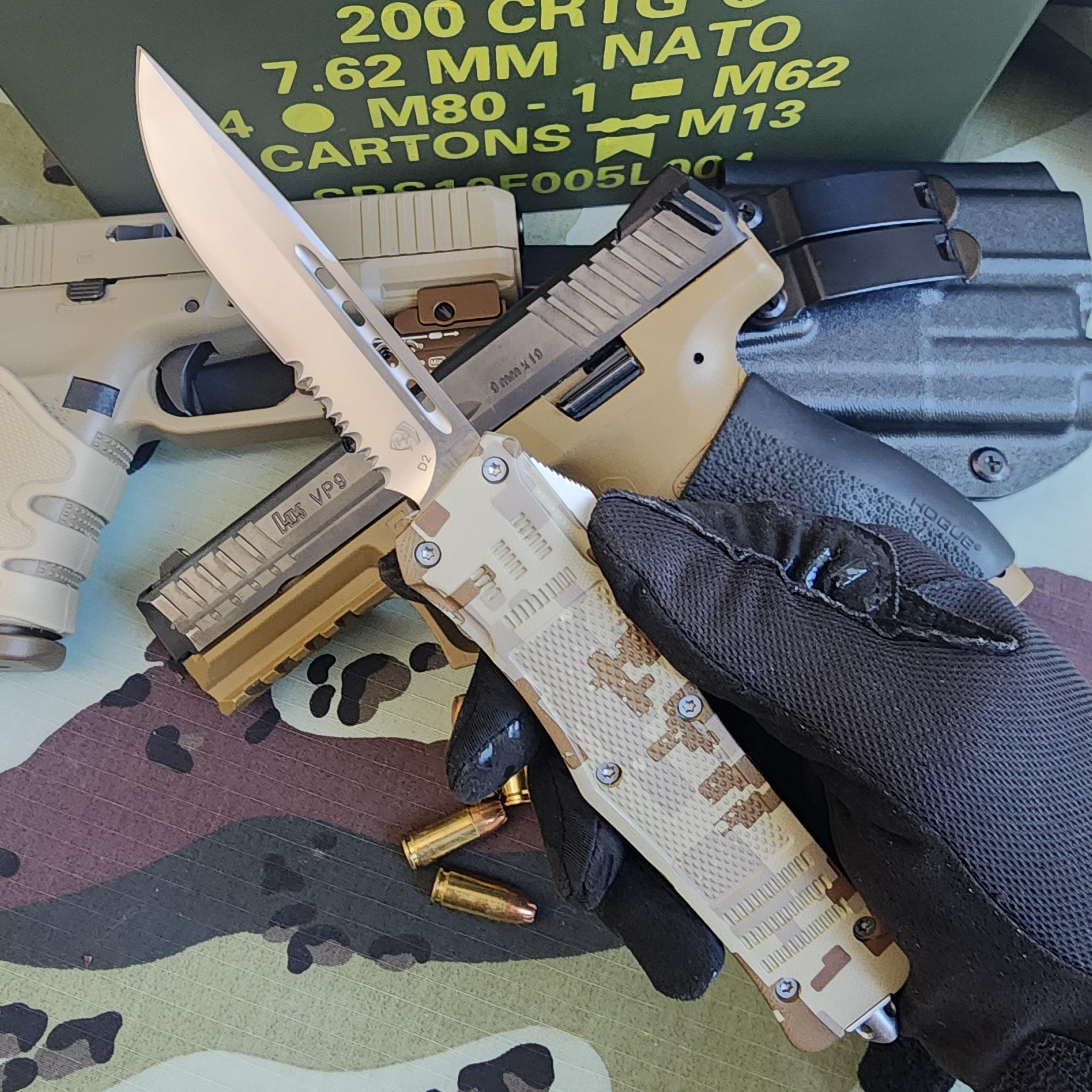 Camouflage knife with tactical sheath and accessories on a camouflage surface