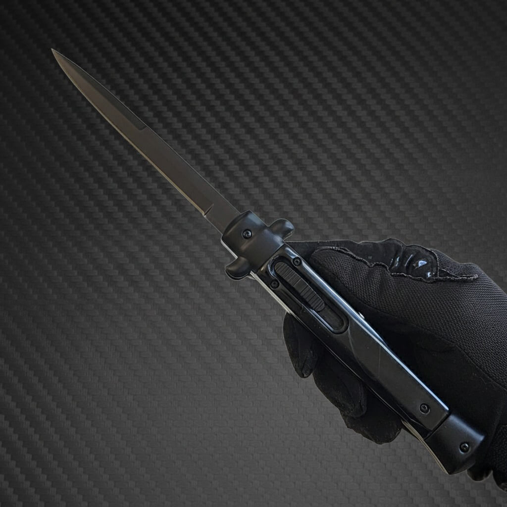 11" Italian Mafia D/A Stiletto OTF Knife - Fractured Onyx - Black Plain Bayonet