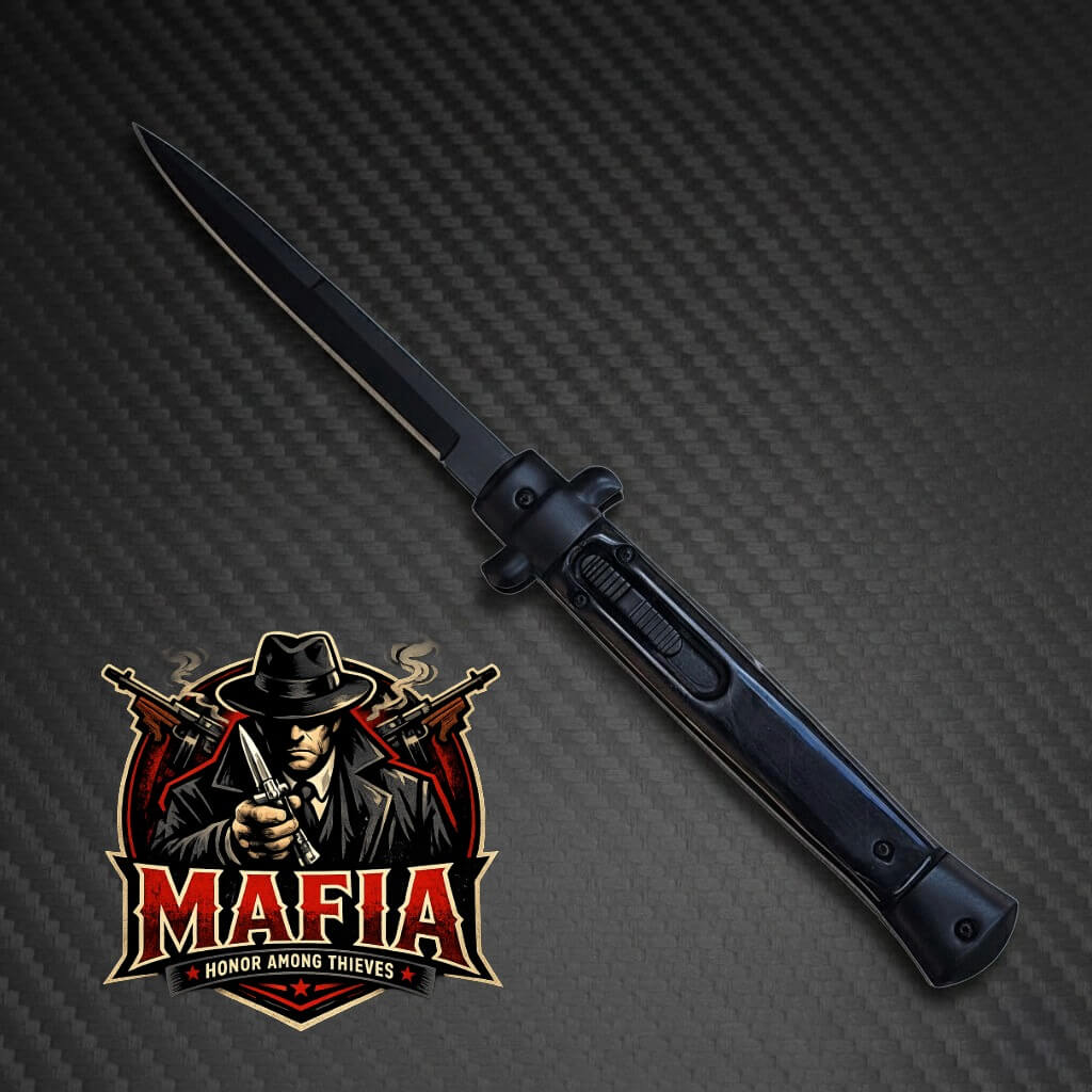 11" Italian Mafia D/A Stiletto OTF Knife - Fractured Onyx - Black Plain Bayonet