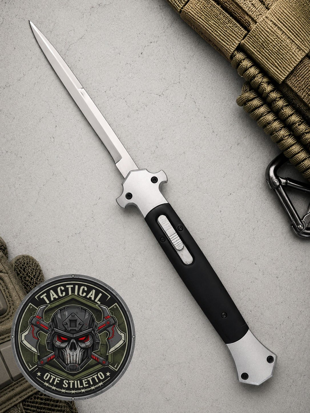 13 Tactical DA Stiletto OTF Knife - BlackSilver (Satin Plain Bayonet)