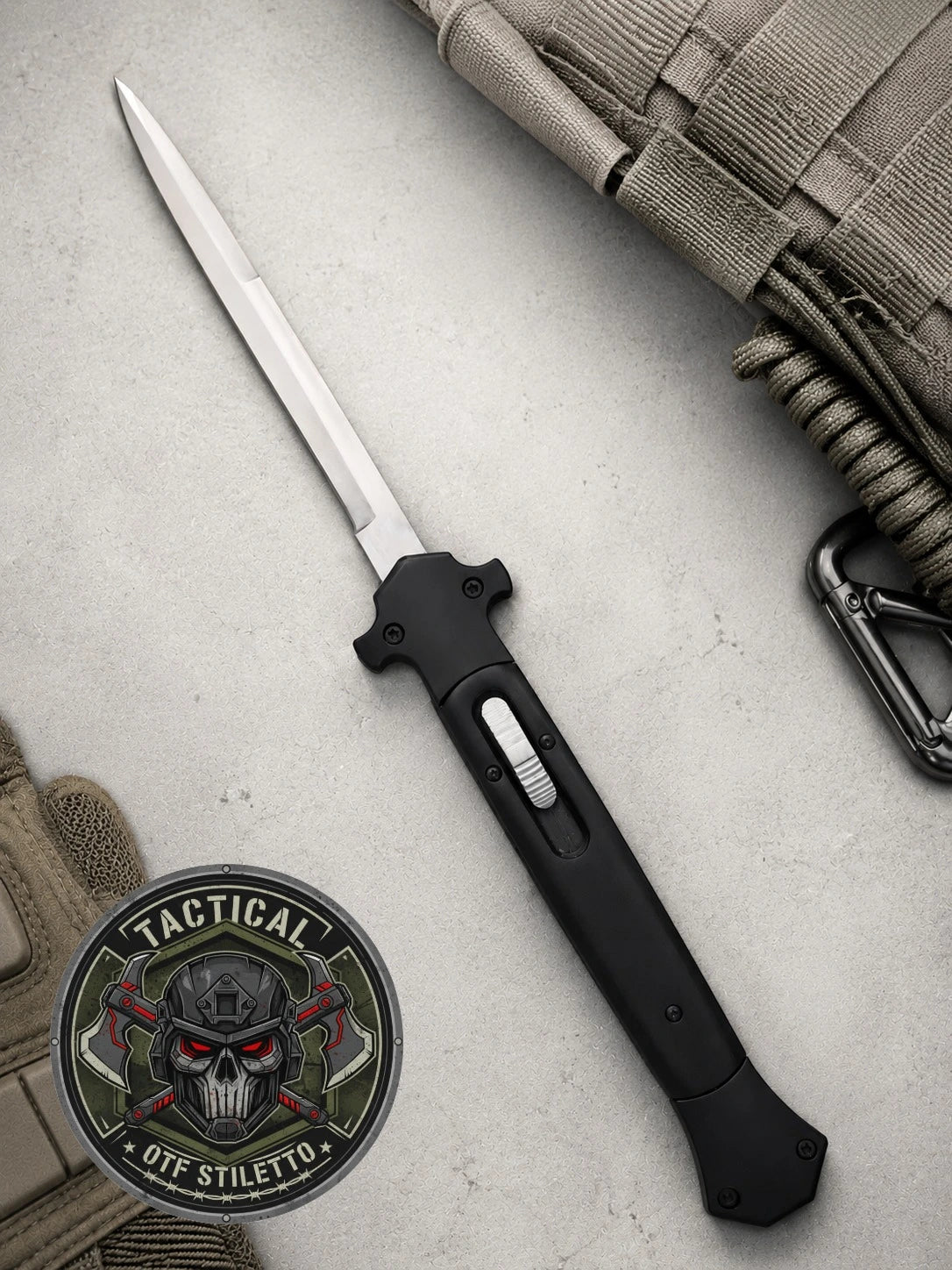 13 Tactical DA Stiletto OTF Knife - Black (Satin Plain Bayonet)